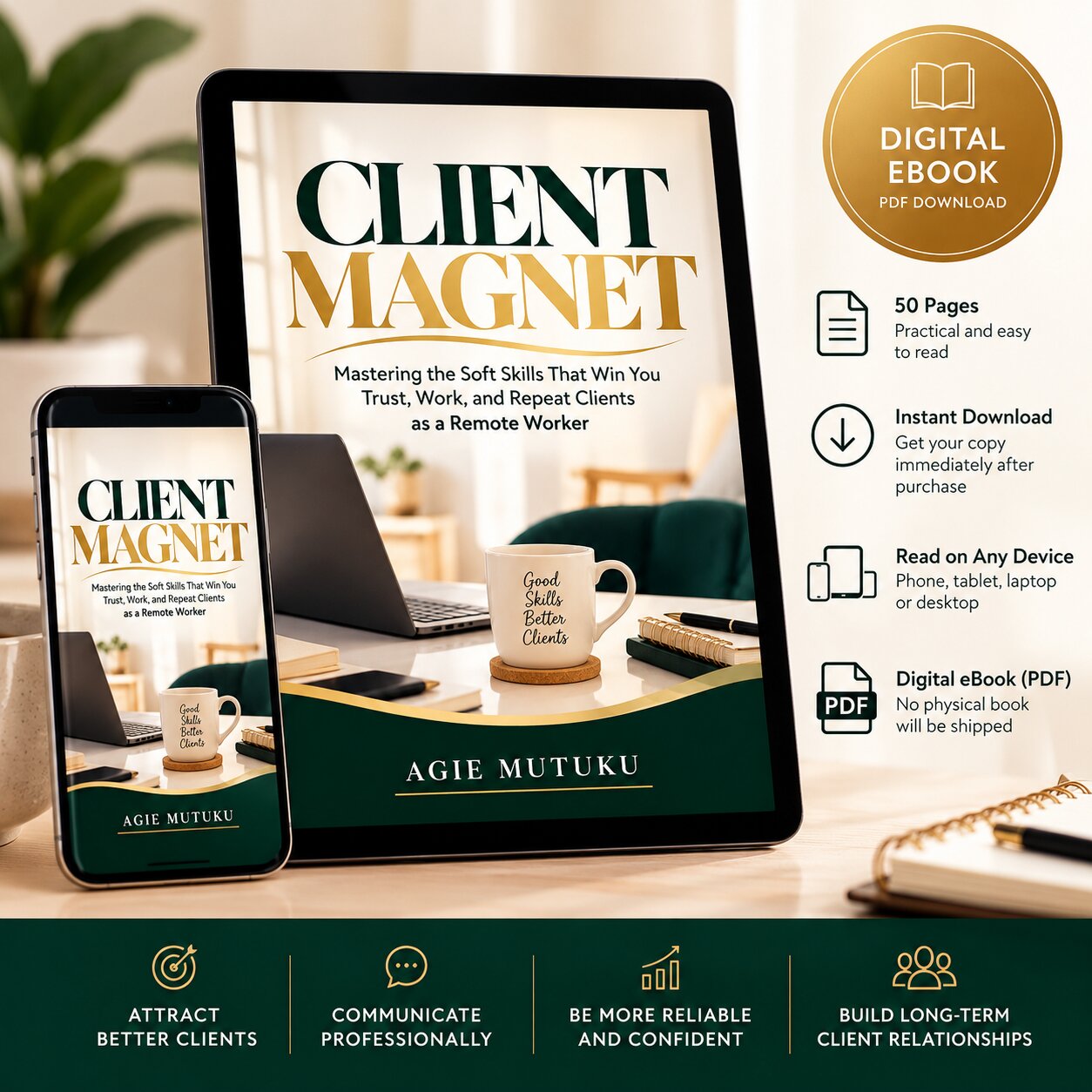 Client Magnet eBook by Agie Mutuku shown on a tablet and phone, digital PDF download